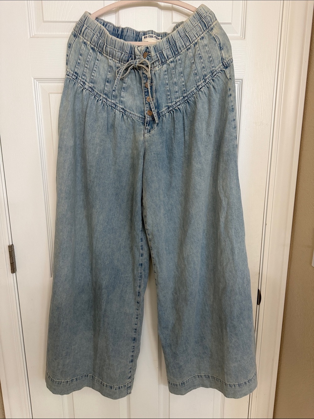 Free People Light Wash Wide Leg Denim Pants with Drawstring Waist